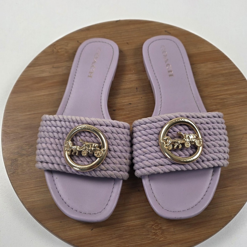 Coach Sandals Womens Size 8 Purple Rope Slide Logo Medallion Flat Slip On